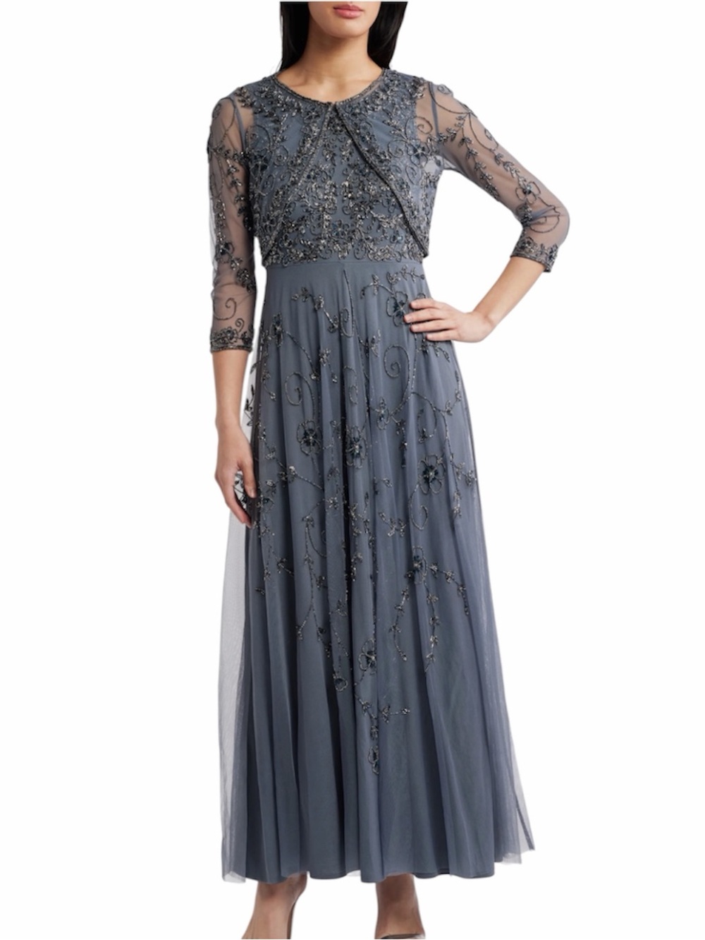 Pisarro Nights 2 PC Beaded Sequin Mesh Gown Grey Formal Evening Dress Size 4
